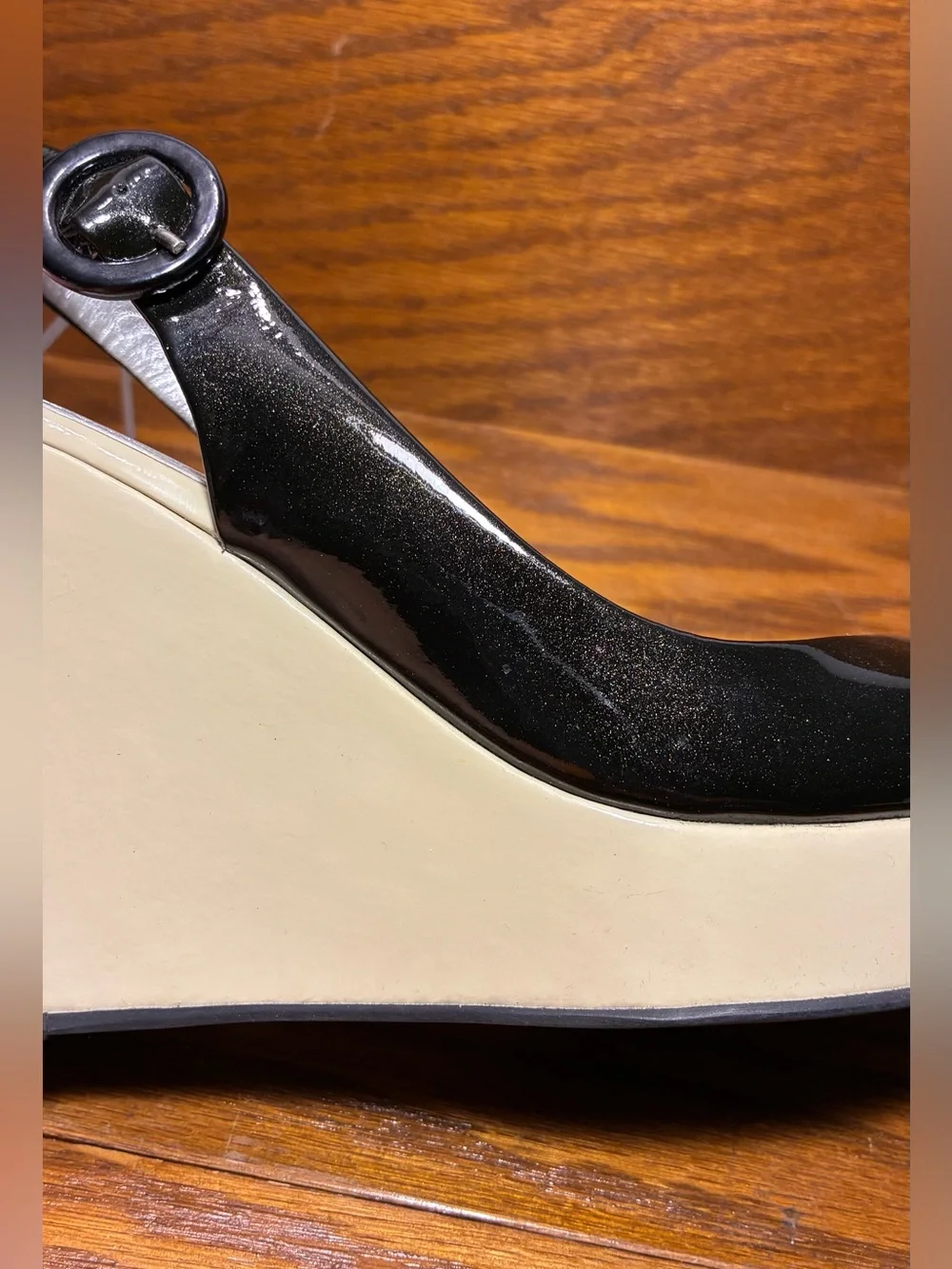 Le Due Due Farina Slingback Platform Wedges Black w/Gold Shimmer Ivory Patent 8